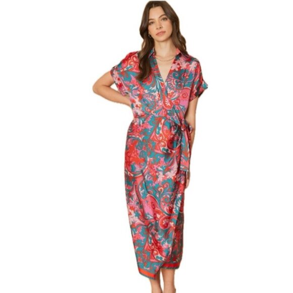 entro Dresses & Skirts - ENTRO SATIN WRAP DRESS BOHO PINK/GREEN FLORAL KIMONO MIDI SZ LARGE ECLECTIC CORE